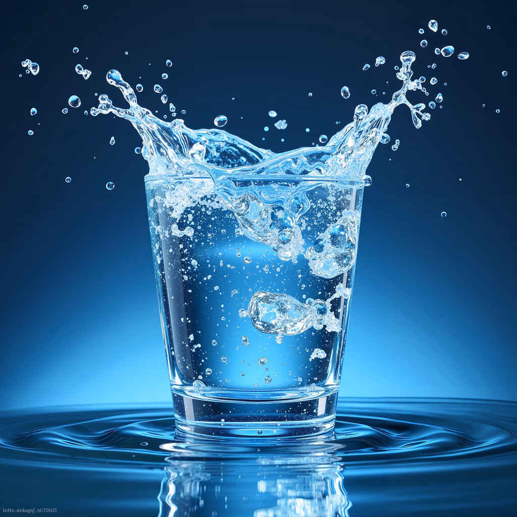 Dynamic water splash in a glass, captured in vivid blue tones.