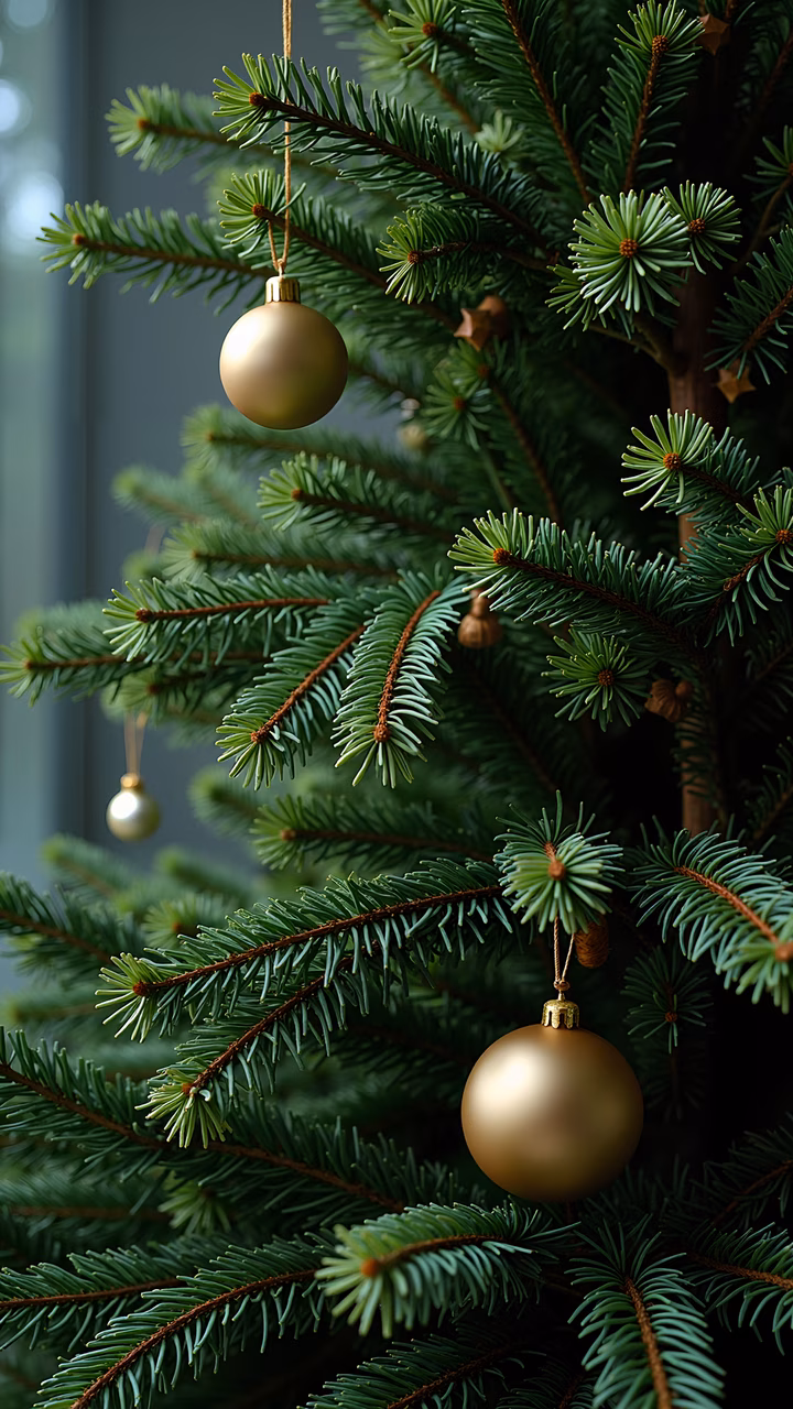Close-up of golden baubles on a Christmas tree, festive holiday decor, muted background, pine needles, golden ornaments