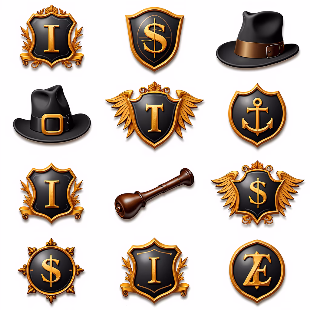 Golden crests and hats with intricate designs and symbols, luxury and sophistication.