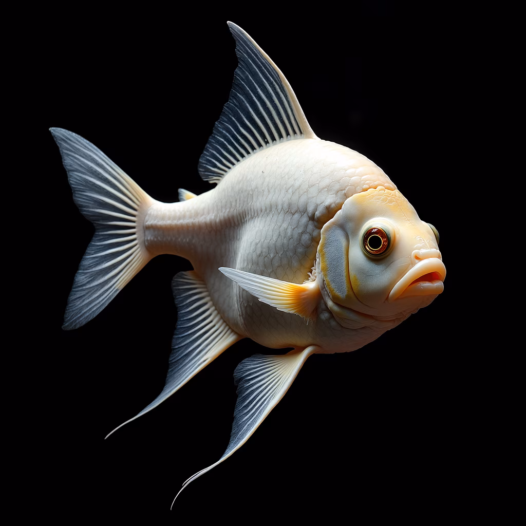 Realistic illustration of a golden fish with detailed scales and flowing fins, set against a stark black background.