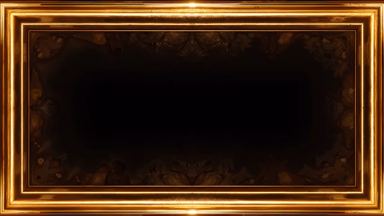Golden frame with intricate floral designs on a dark background, evoking mystery and sophistication.