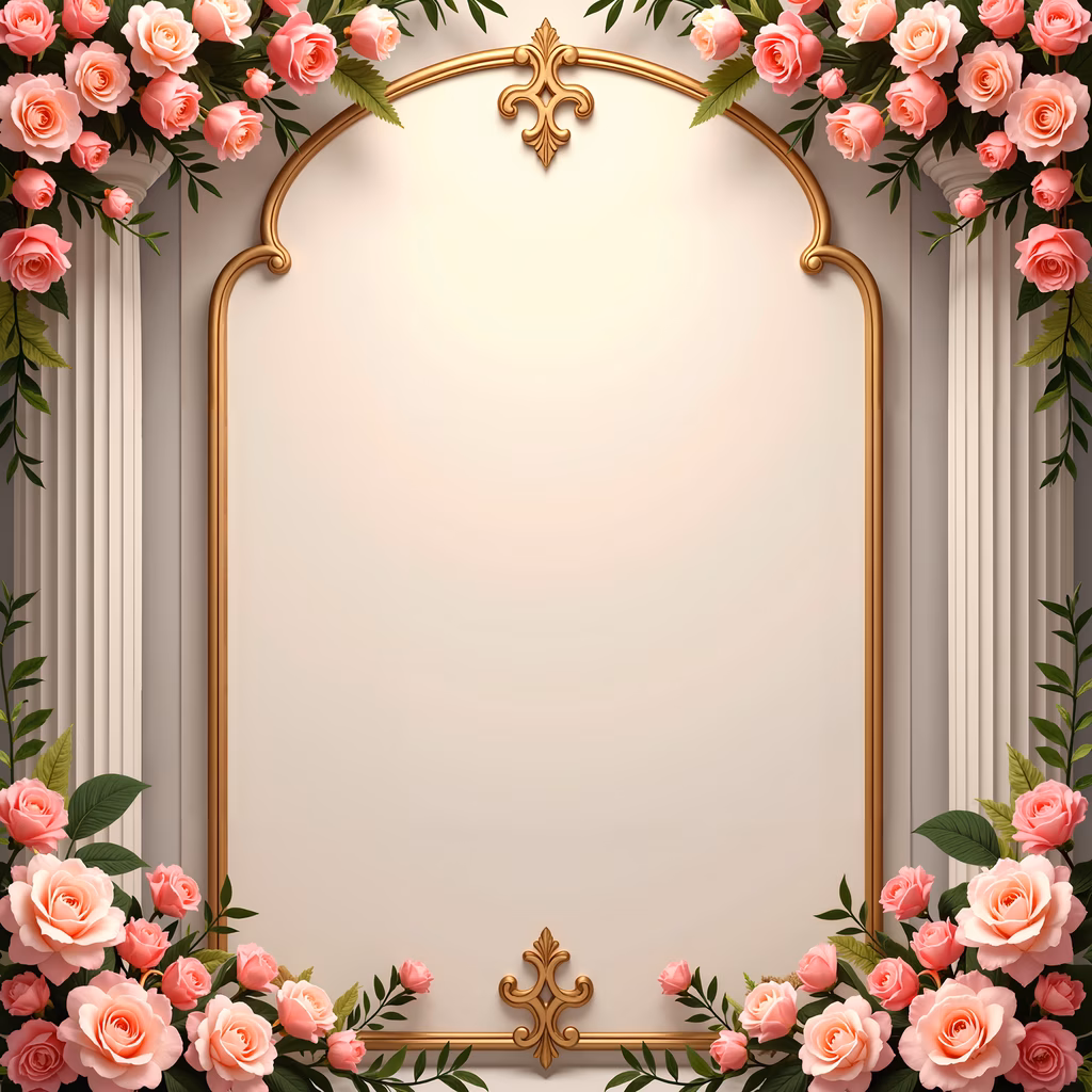 Golden frame with pink roses, decorative illustration, elegant design, romantic atmosphere