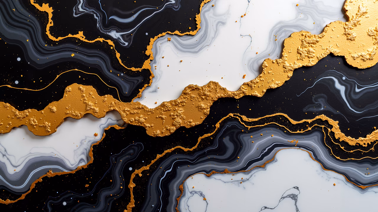 Abstract illustration featuring swirling gold, white, and black patterns, luxurious and dynamic