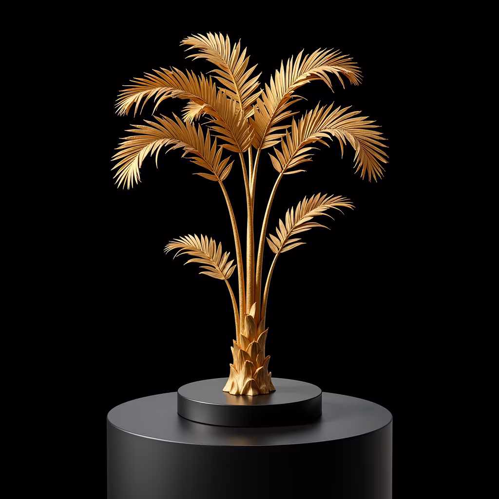 Golden palm tree sculpture with intricate details and vibrant yellow hues against a stark black background.