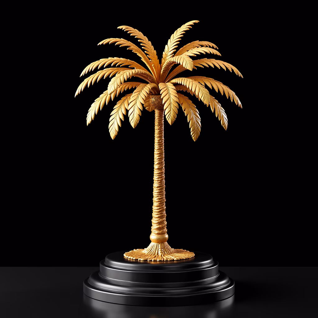 Golden palm tree sculpture on black pedestal, artistic illustration