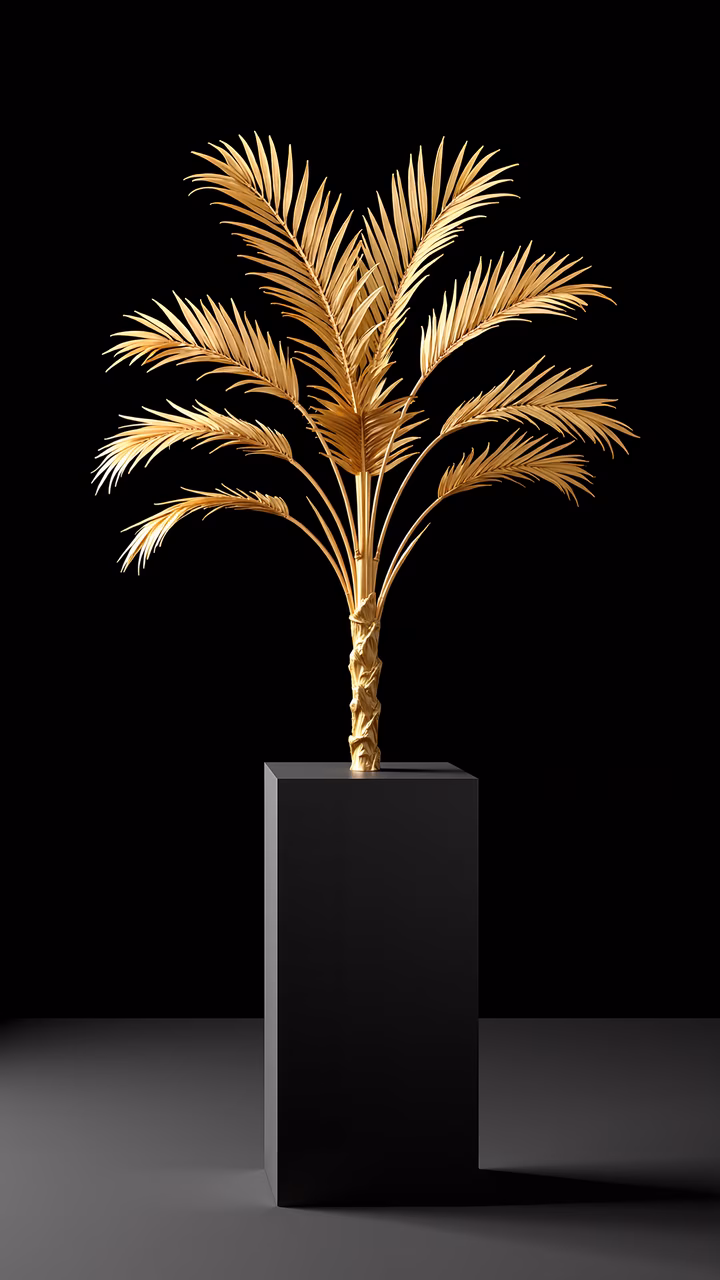 Golden palm tree illustration with intricate details and vibrant yellow leaves, set against a stark black background.