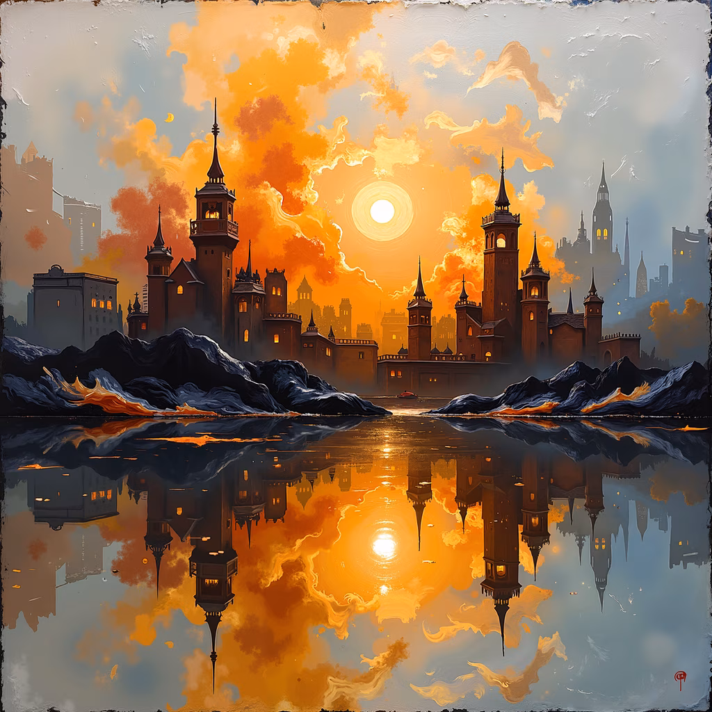 A tranquil fantasy landscape at sunset, featuring a cityscape with towering spires reflected in a calm body of water.