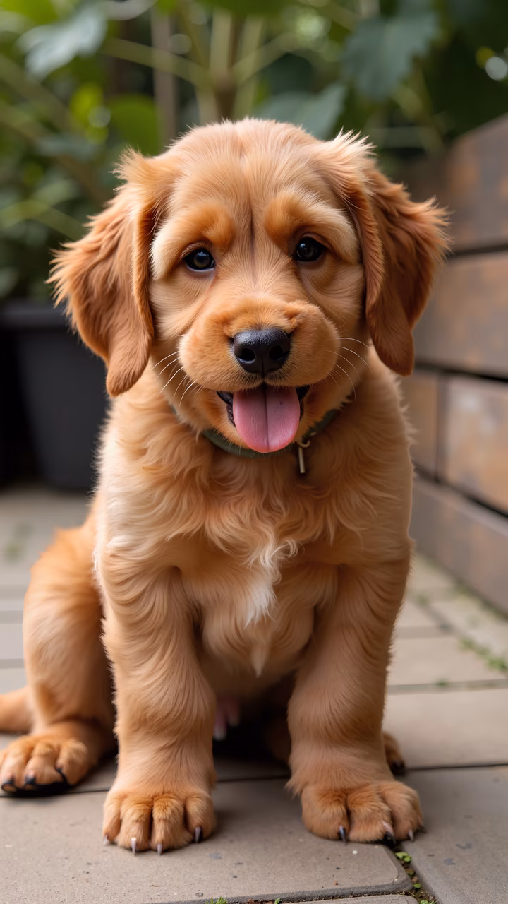 Close-up of a golden retriever puppy with its tongue out, sitting on a concrete surface.