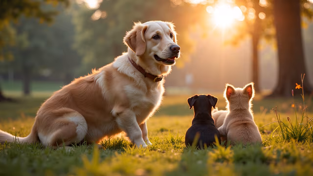 Golden Retriever with Puppies at Sunset