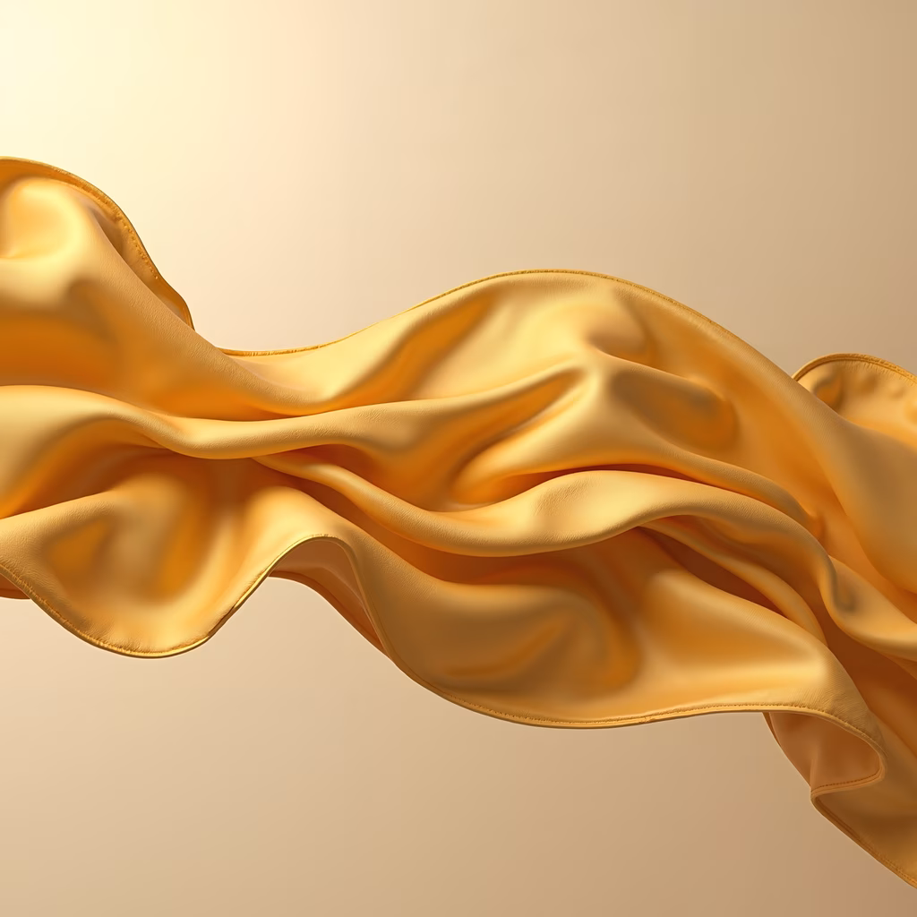 Abstract art featuring golden silk flowing elegantly against a beige background.