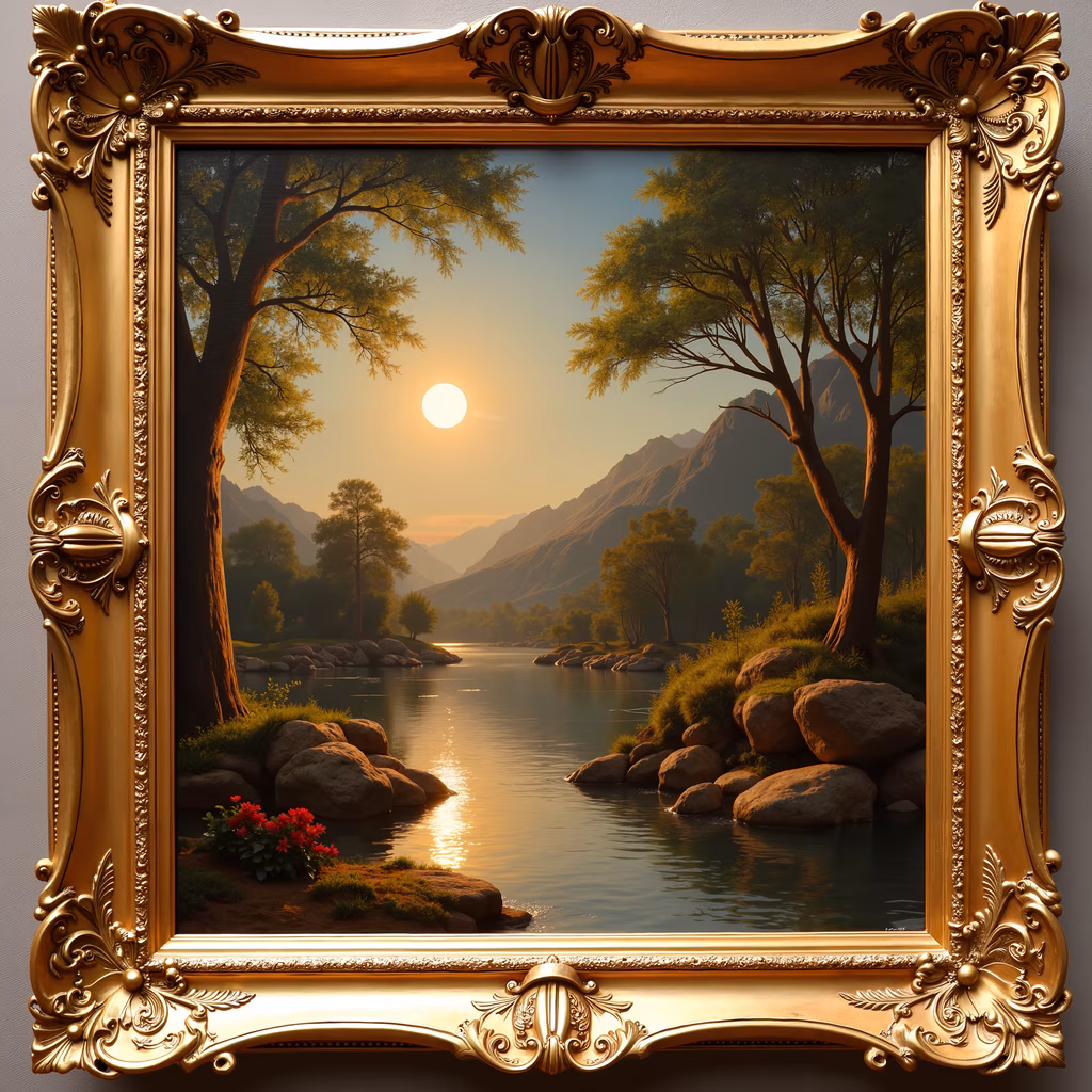 Golden sunset, tranquil river, lush greenery, mountains, serene landscape