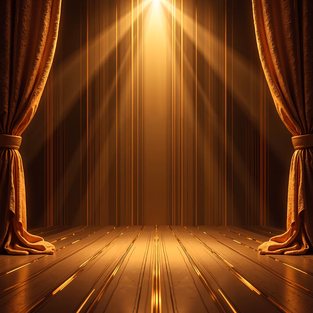 Warmly lit theater stage with golden curtains and wooden floor, ideal for performances or ceremonies.