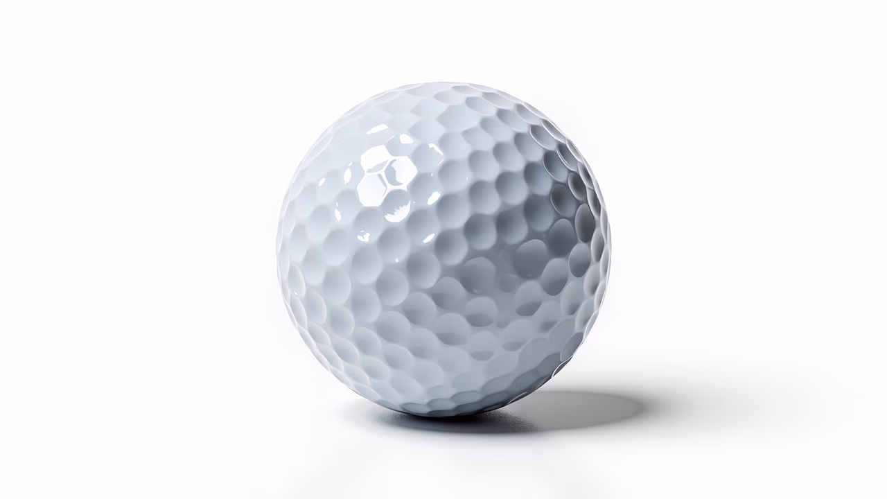 A detailed illustration of a golf ball with textured dimples, rendered in white and gray tones.