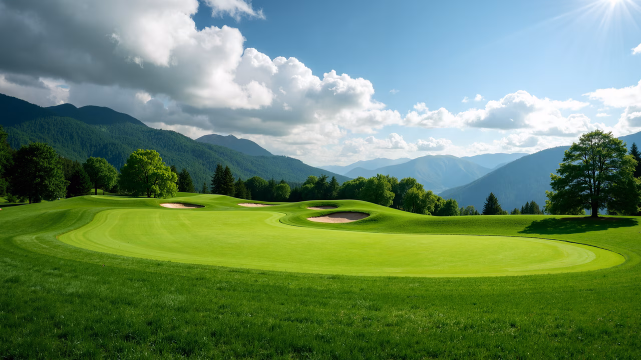 A picturesque golf course with vibrant greens and rolling hills under a sunny sky.