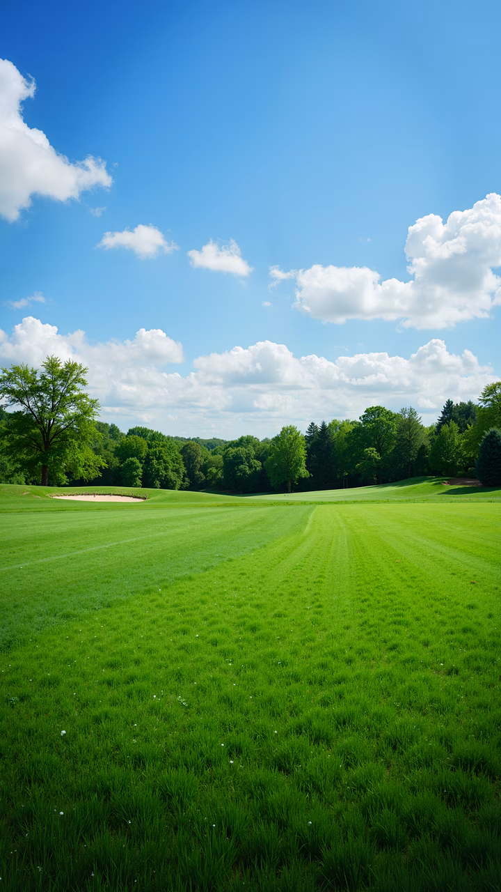 Lush green golf course under a clear blue sky with fluffy clouds.