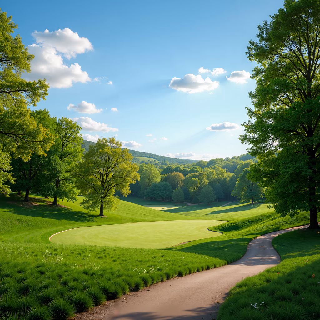 A tranquil golf course with vibrant greens and a clear blue sky, perfect for relaxation and outdoor activities.