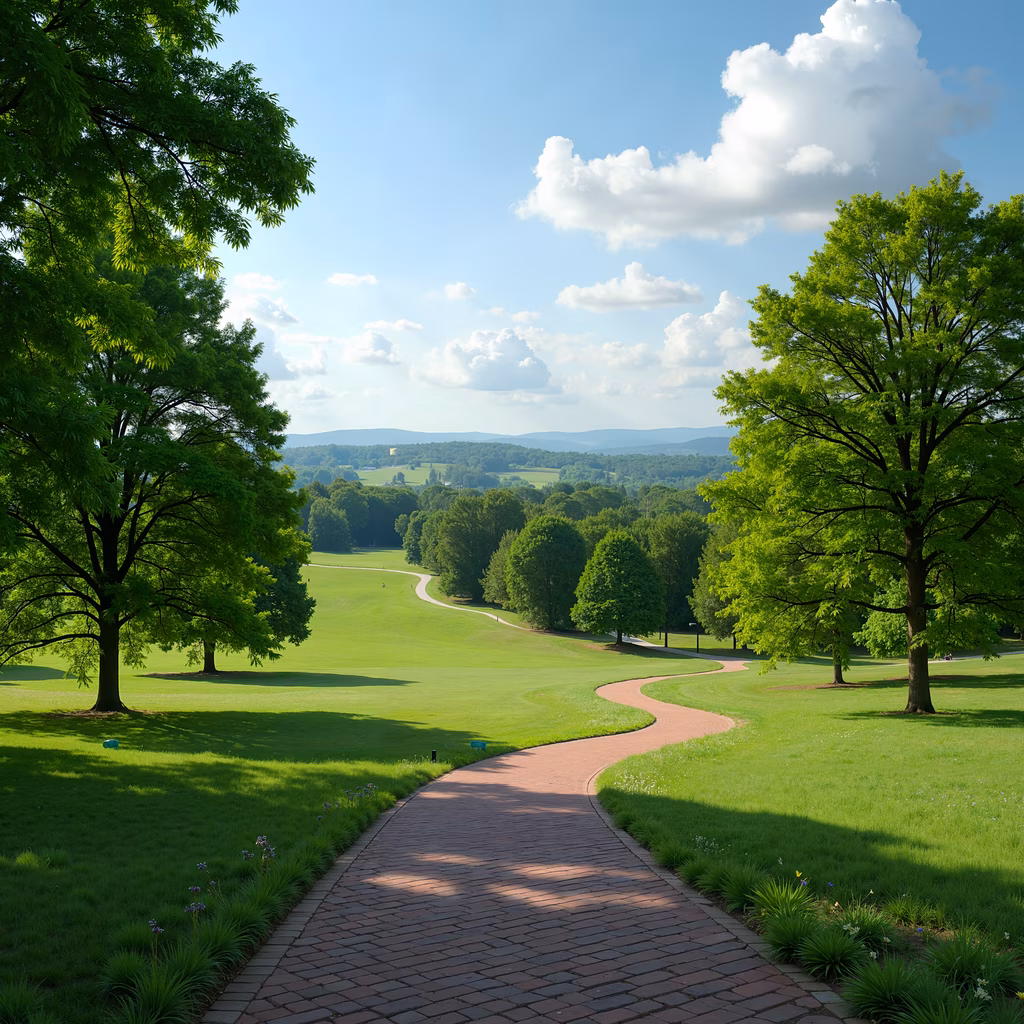 A peaceful pathway through a golf course surrounded by greenery and flowers under a sunny sky.