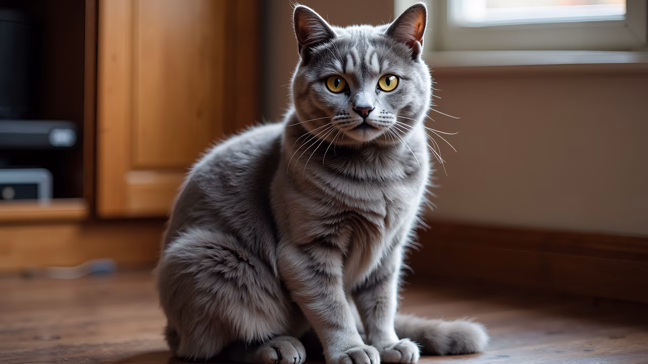 Close-up of a gray tabby cat with striking yellow eyes, sitting on a wooden floor in a cozy indoor setting.