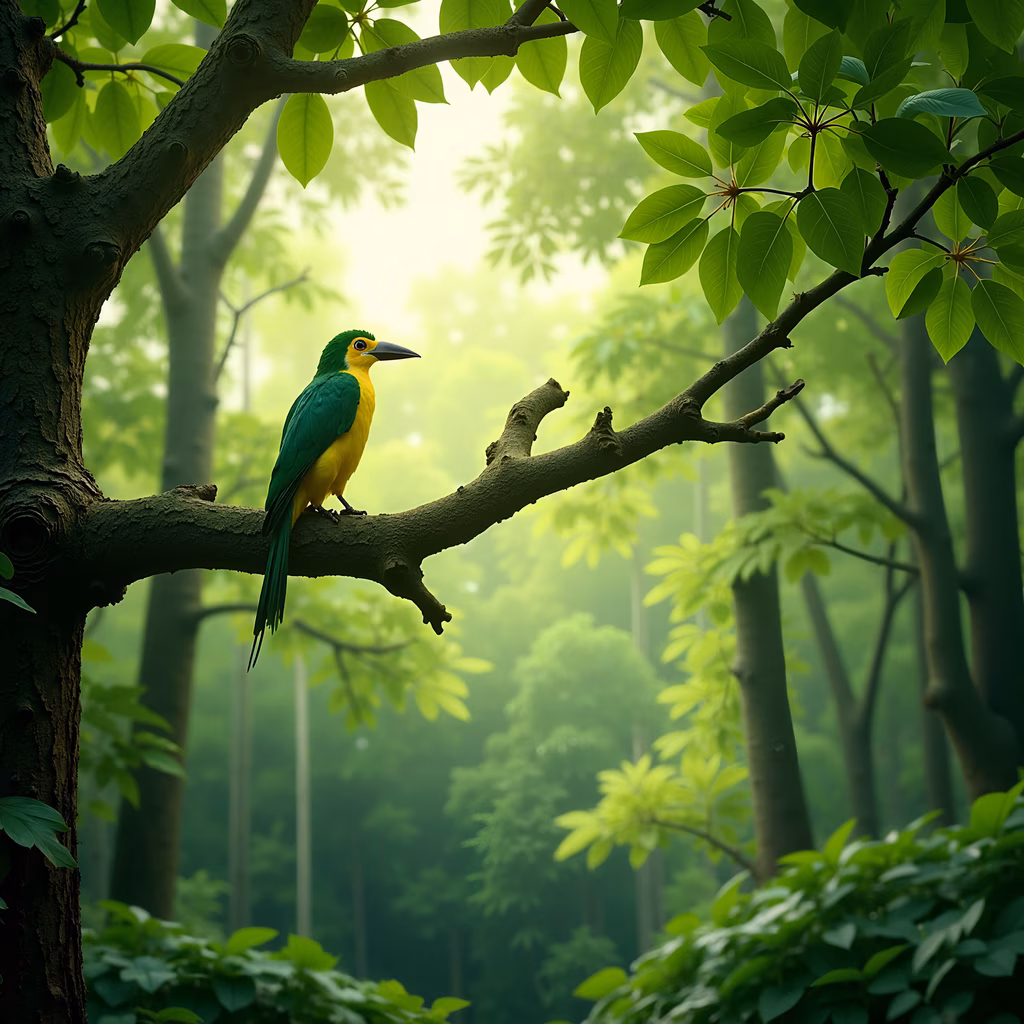 A green bird perched in a forest, surrounded by lush greenery and bathed in soft natural light.