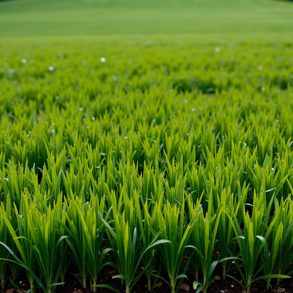 Vibrant green field illustration, serene nature scene, tranquil atmosphere