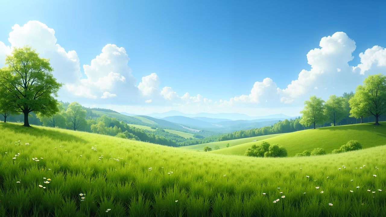 A peaceful illustration of green fields, trees, and mountains under a bright blue sky.