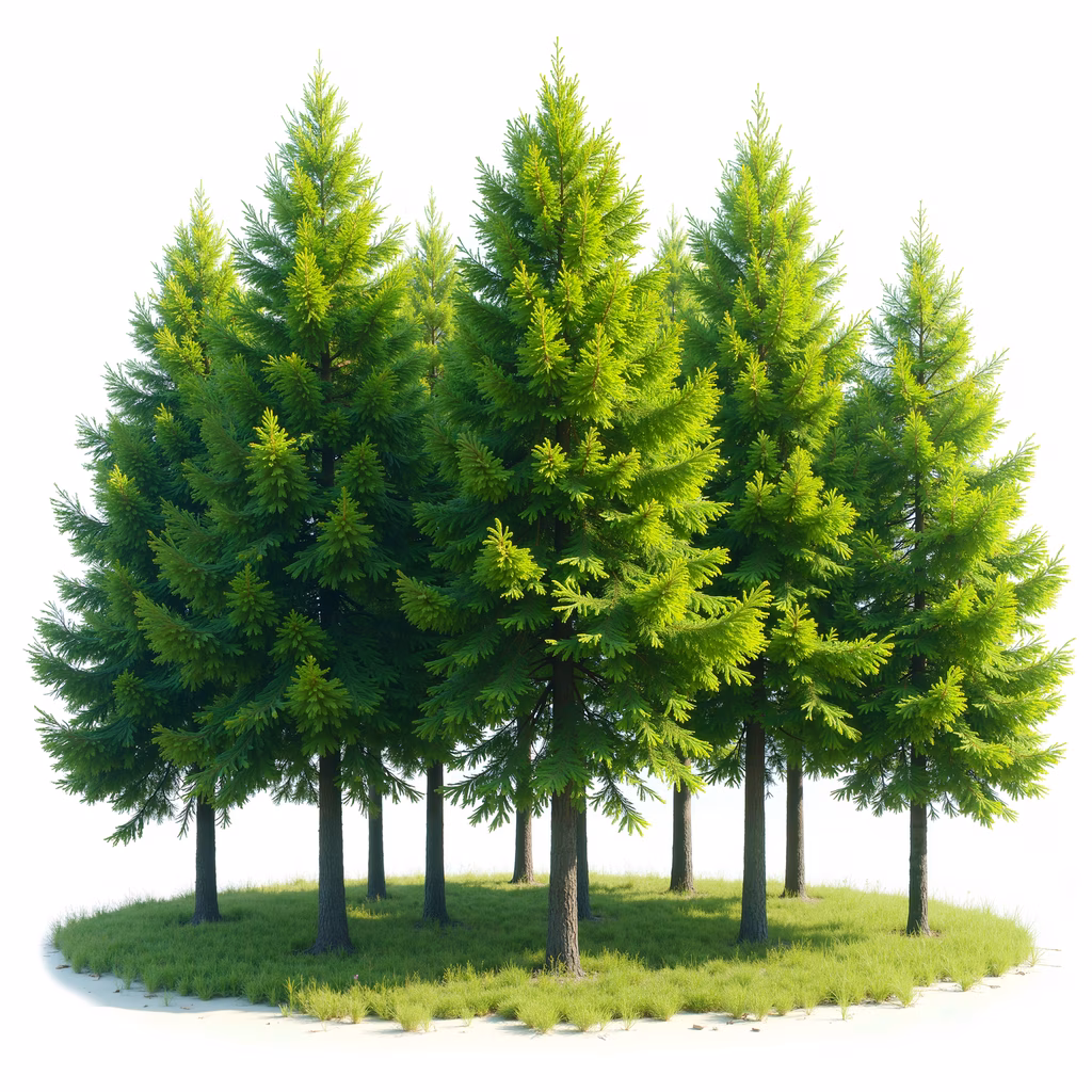 A tranquil forest scene with tall, lush green trees on a grassy hill, emphasizing nature's vibrancy and serenity.