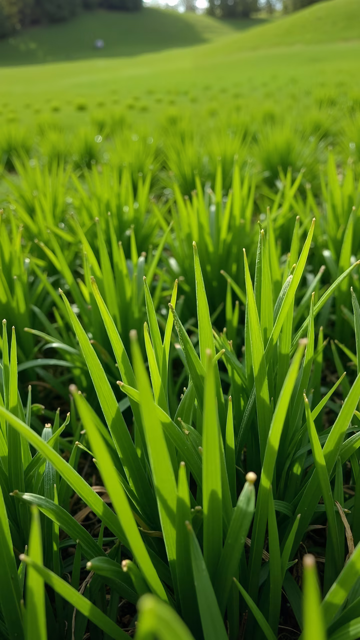 Close-up of vibrant green grass with dew droplets, emphasizing natural beauty and texture.
