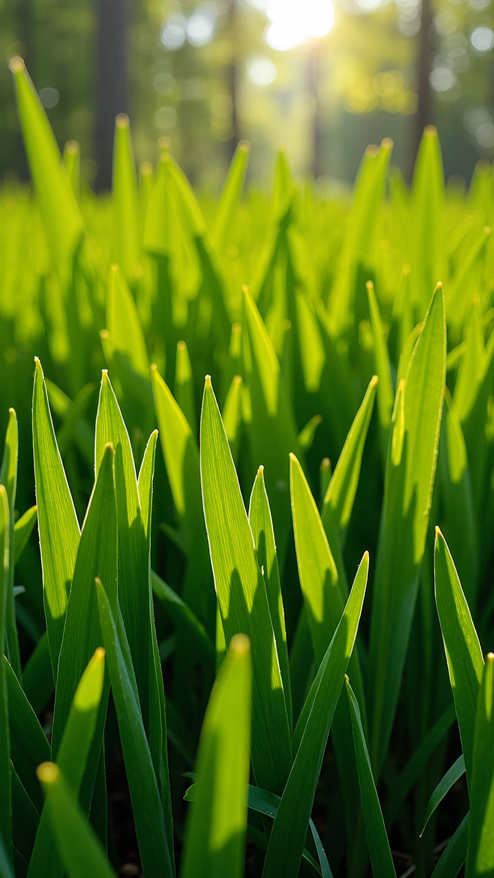 A close-up of green grass illuminated by sunlight, showcasing its texture and vibrant color.