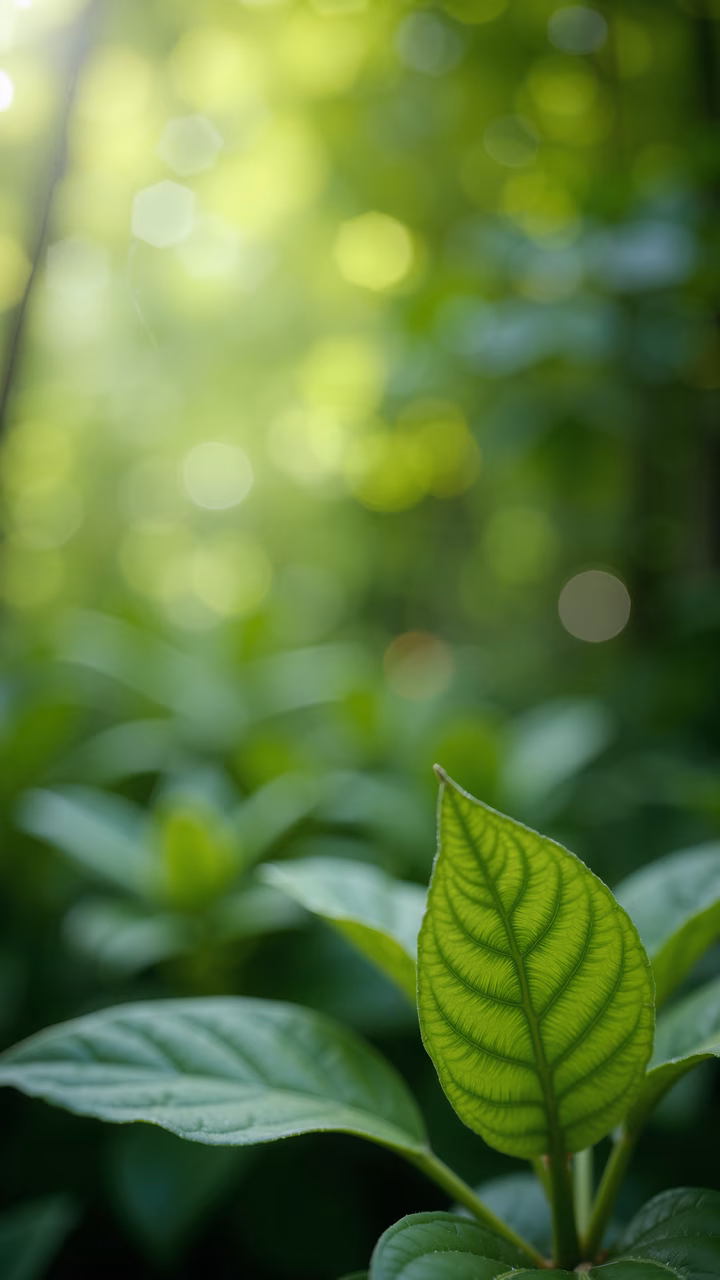 A close-up of a green leaf with bokeh effect, emphasizing nature's beauty and tranquility.