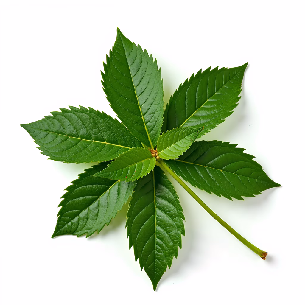 Vibrant green leaf illustration with detailed veins and serrated edges on a white background.