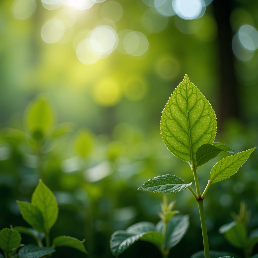 Close-up of a vibrant green leaf with intricate veins, set against a blurred background of lush foliage and soft bokeh lights.