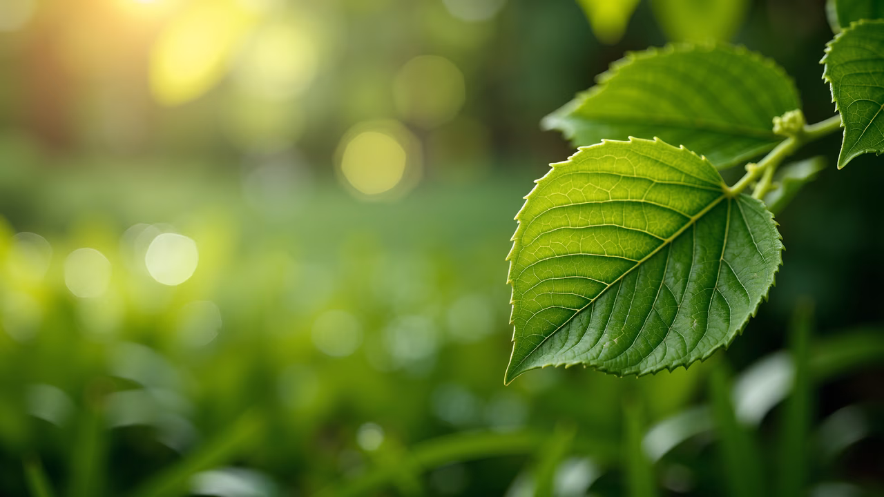 Close-up of a green leaf with intricate veins, set against a blurred background of soft, glowing light spots.