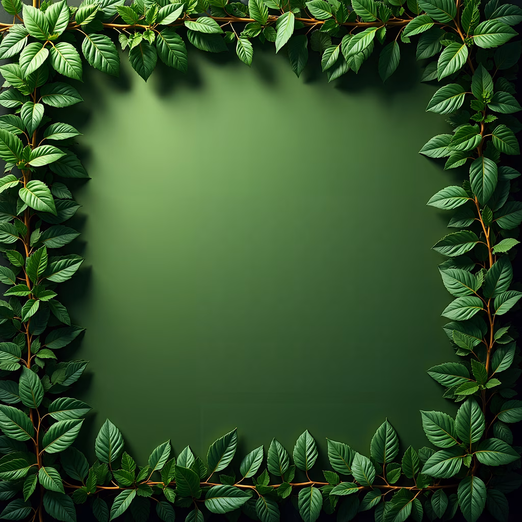 A detailed green leaf frame illustration with vibrant tones and a serene atmosphere.