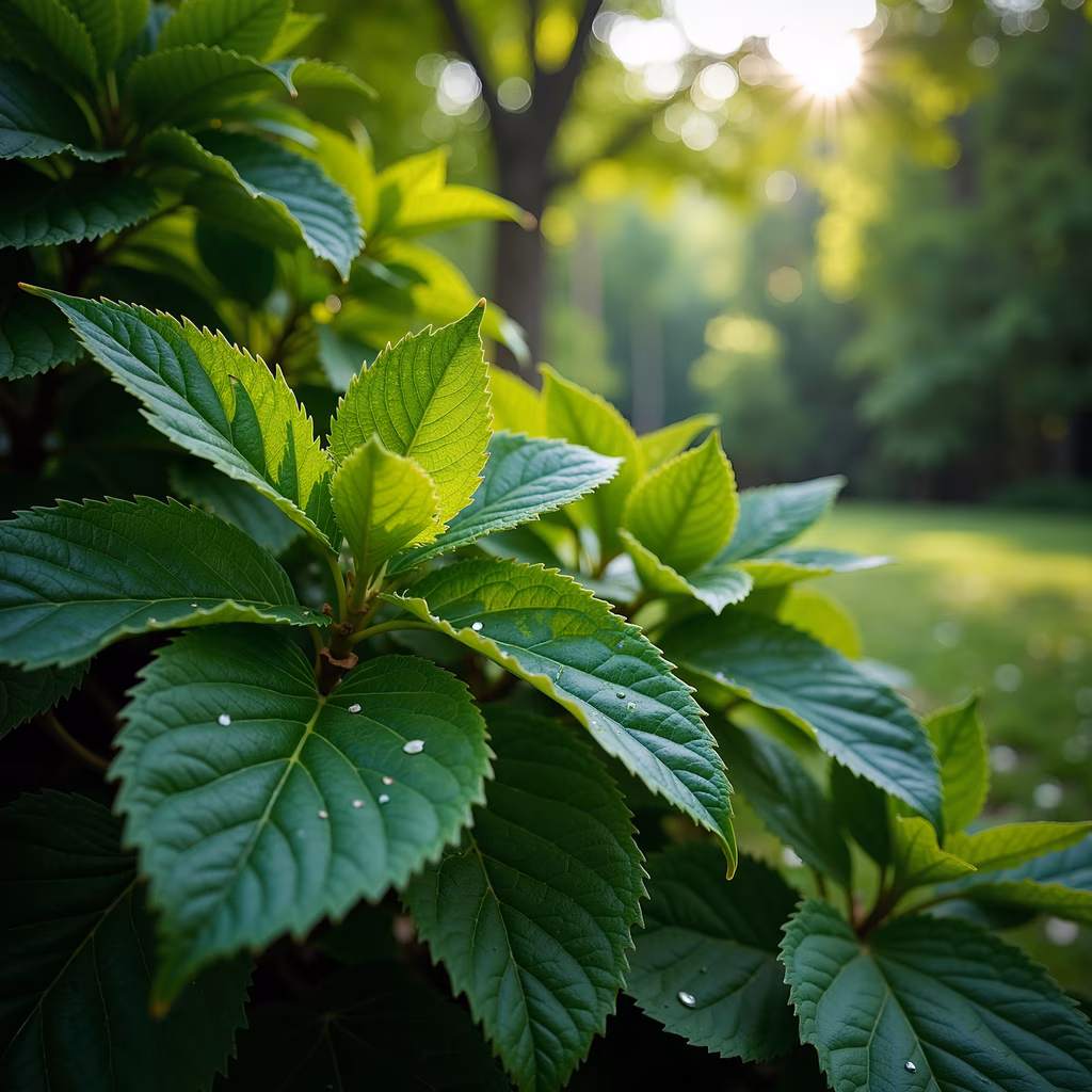 Vibrant green leaves illuminated by sunlight, showcasing nature's tranquility and detail.