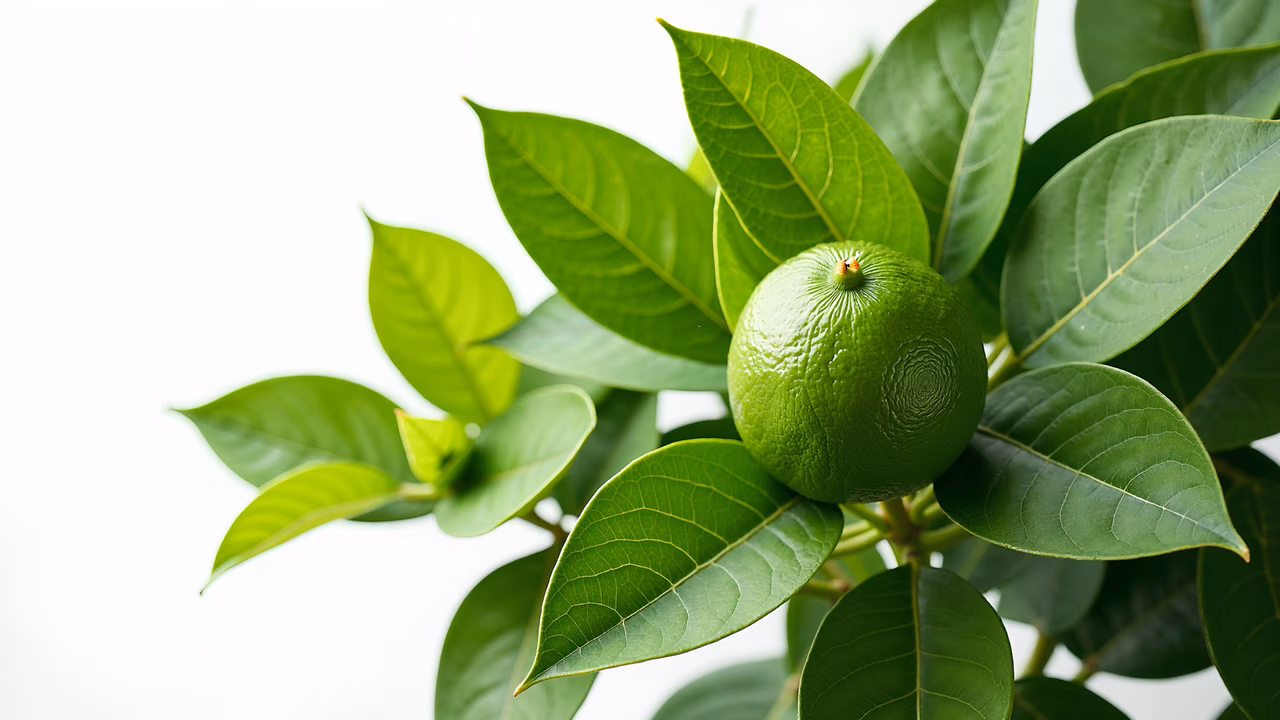 Close-up of a vibrant green lime surrounded by glossy leaves, showcasing natural textures and fresh tones.