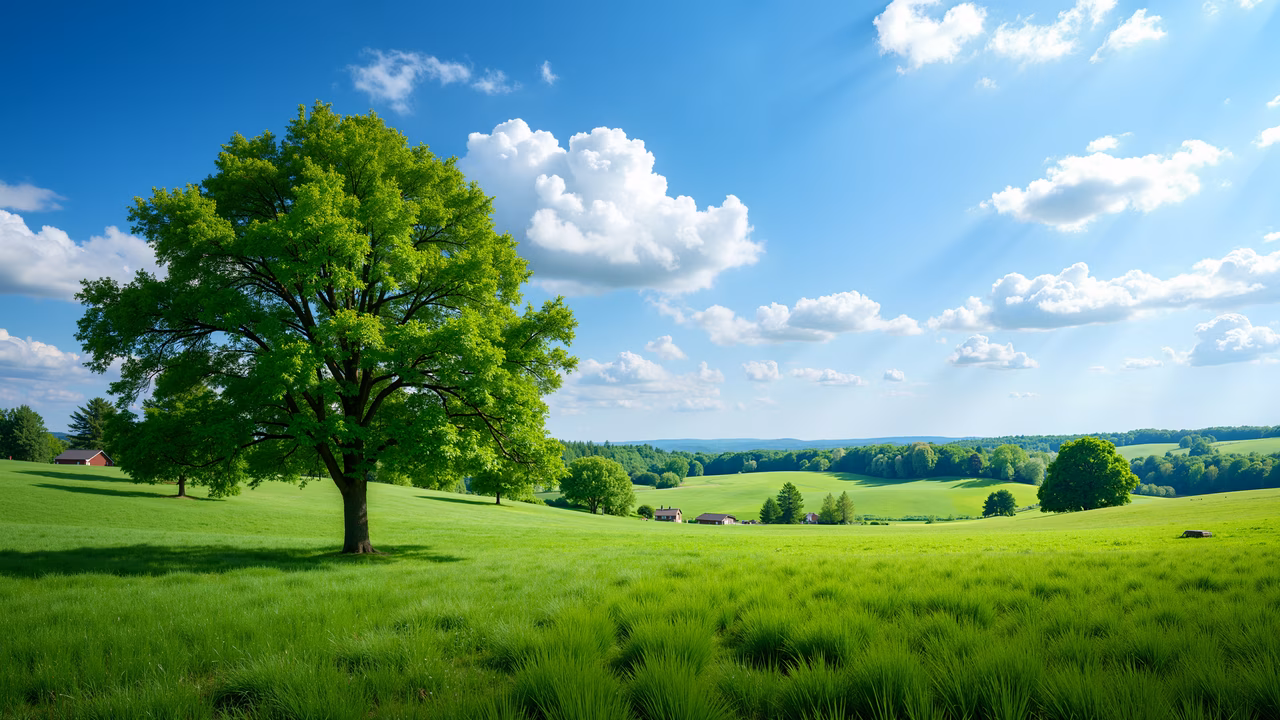 A peaceful landscape with green fields, trees, and houses under a bright blue sky.
