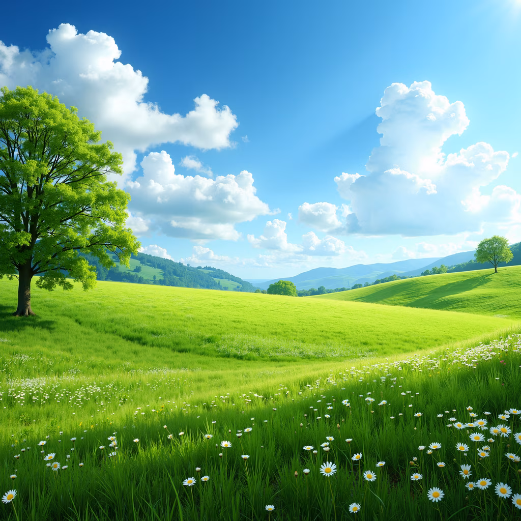 A tranquil landscape featuring vibrant green fields, white daisies, and a solitary tree under a bright blue sky with fluffy clouds.