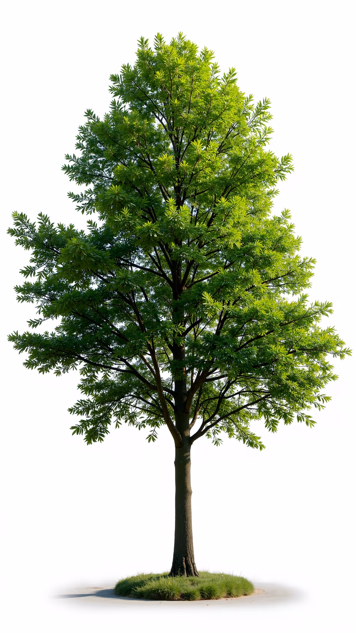 A detailed illustration of a green tree with vibrant foliage and a peaceful setting.