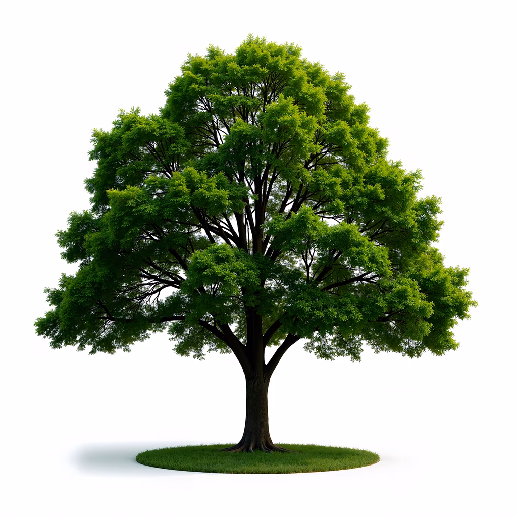 A detailed illustration of a vibrant green tree with dense foliage and a sturdy trunk, set against a plain white background.