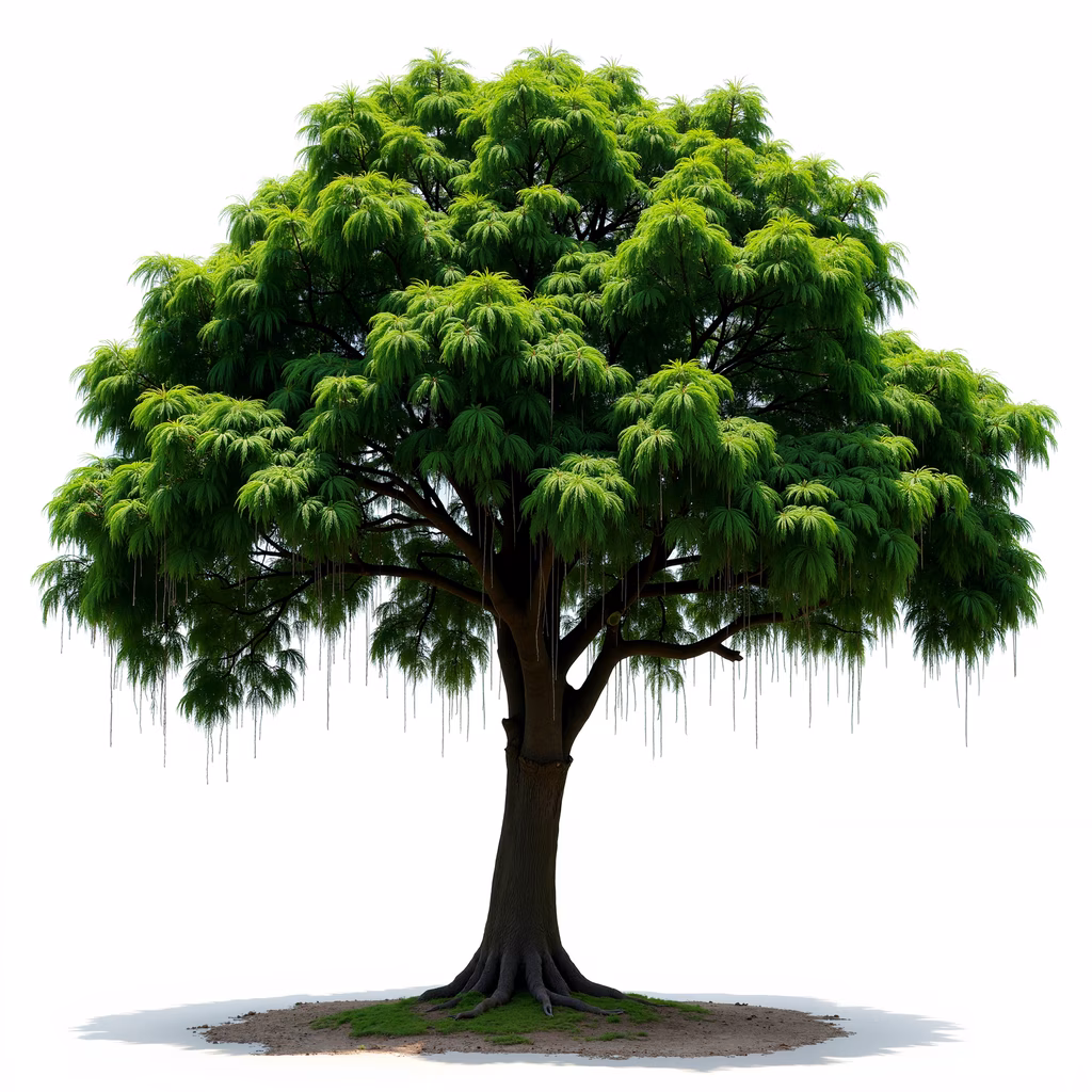 A detailed illustration of a lush green tree with intricate branches and leaves, set against a plain white background.