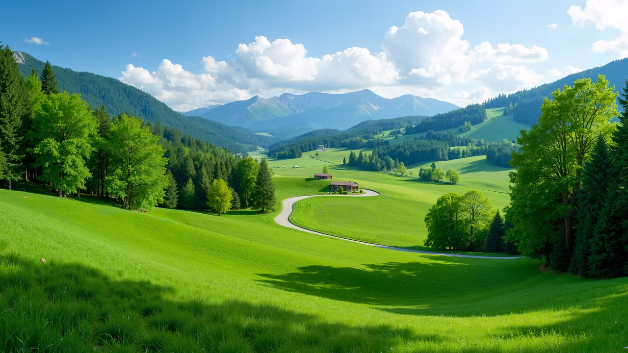 A tranquil green valley with winding roads and distant mountains under a bright blue sky.