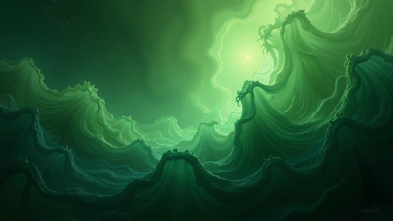Mesmerizing green waves against a starry night sky, abstract art