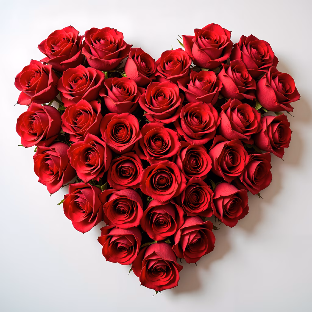 Heart-shaped arrangement of vibrant red roses, detailed with soft shadows and highlights, against a plain white background.