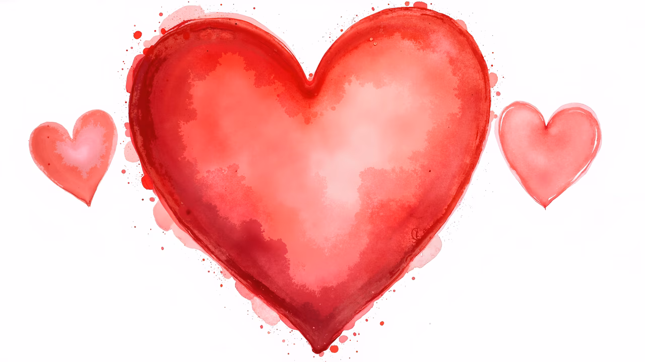 Watercolor heart illustration featuring vibrant red and pink hues, evoking a romantic and dreamy mood.