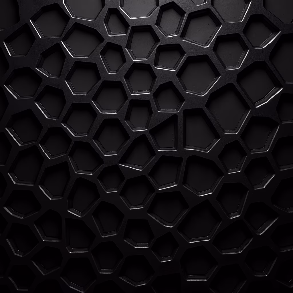 Detailed hexagonal grid pattern in black and silver, emphasizing geometric precision and symmetry.