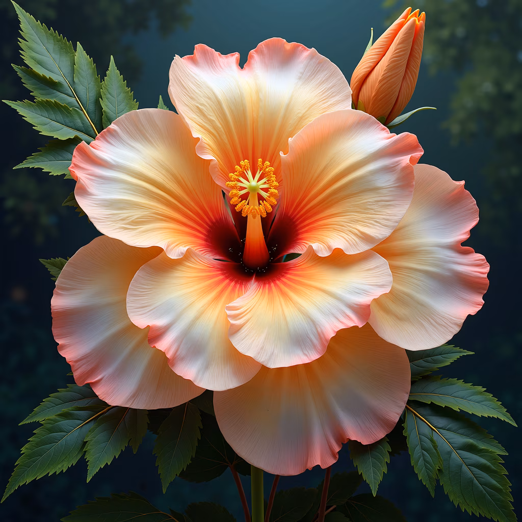 Vibrant hibiscus flower with soft peach and yellow hues, surrounded by lush green leaves.