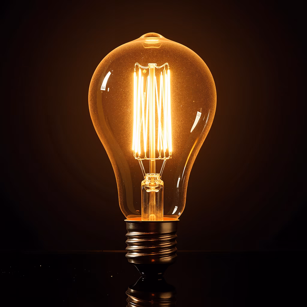 Close-up of an illuminated vintage light bulb with intricate filament details, evoking a sense of nostalgia and warmth.