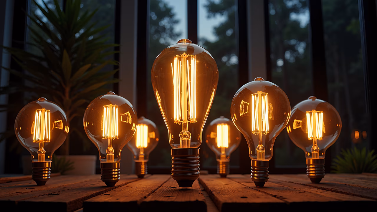 Vintage light bulbs glowing warmly, creating a cozy and nostalgic atmosphere.