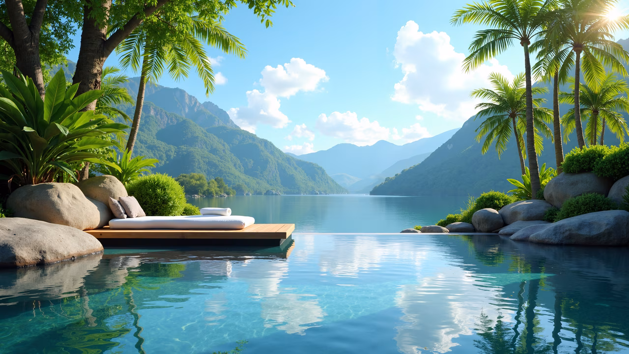 Infinity pool, mountain view, serene landscape, tranquil oasis
