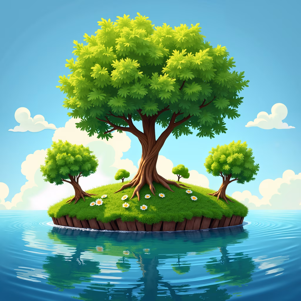 A cartoon island with a large tree, surrounded by smaller trees and white flowers, set against a bright blue sky with fluffy white clouds.
